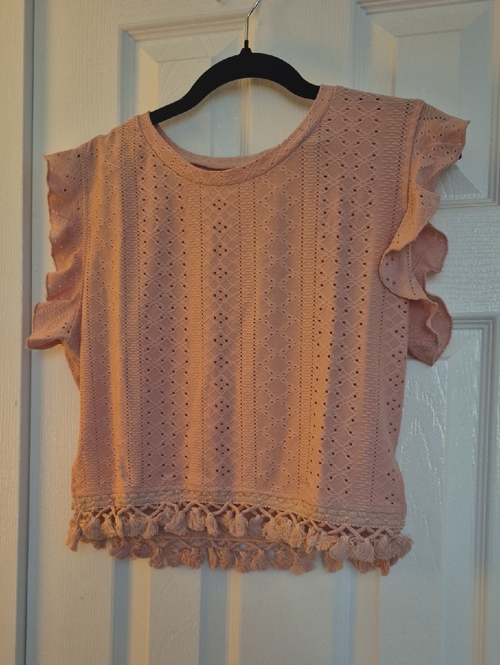 Light Pink Eyelet Crochet Tassel Flutter Sleeve Boxy Crop Top Sz  XL